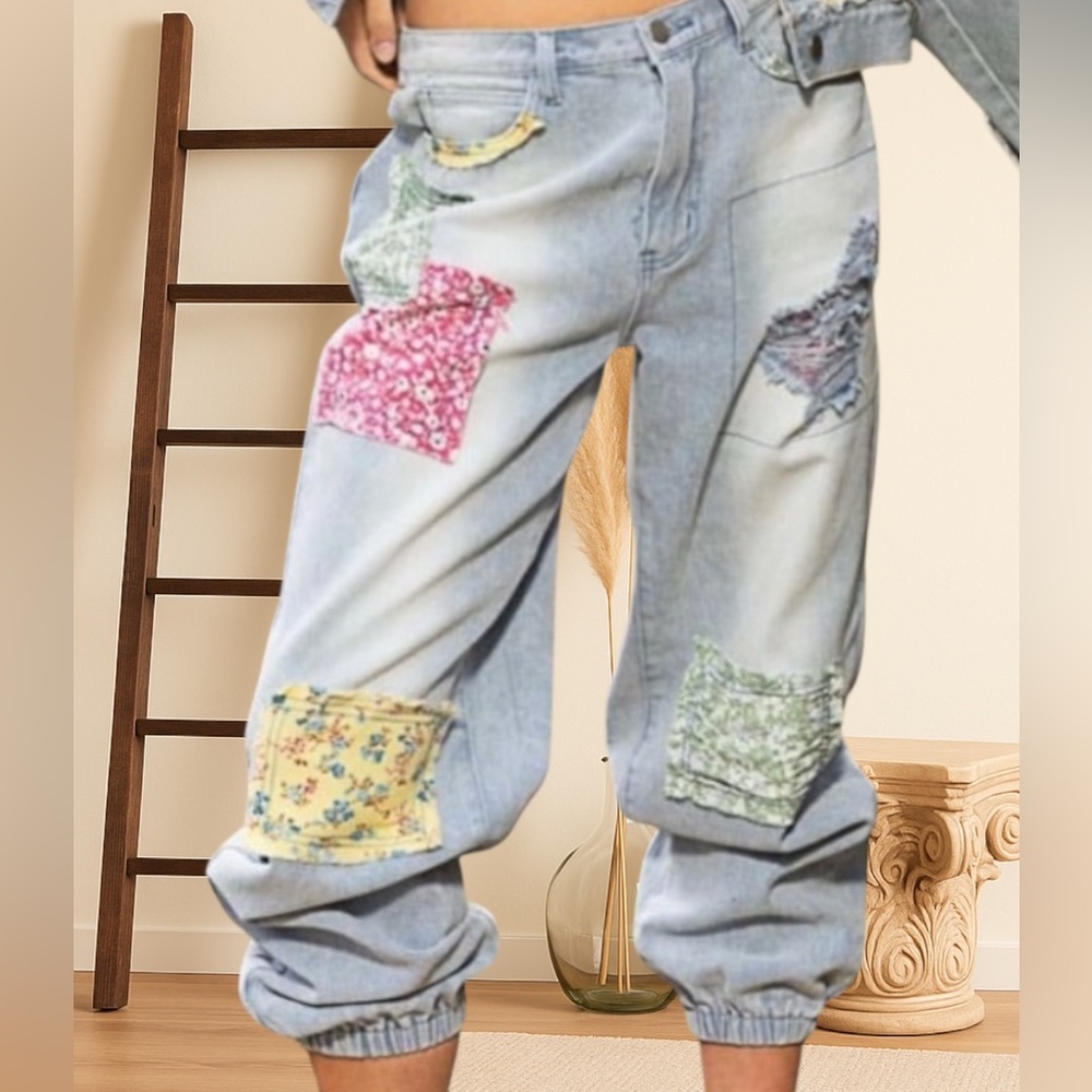 POL Floral Patchwork Jogger Jeans | Relaxed Fit Vintage Bohemian Denim - Picture 3 of 11
